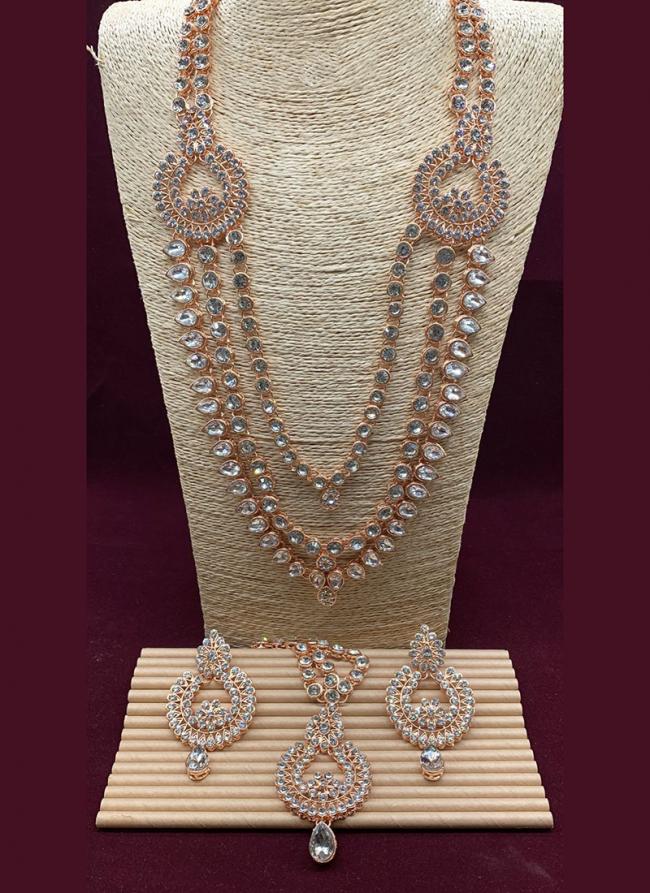 Rose Gold Chandbali Designer Three Layer Stone Studded Long Necklace Set